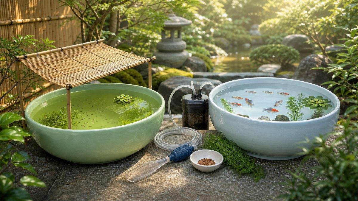 針子を育てる淡い緑水容器と成魚を観賞する透明水容器を並べた庭