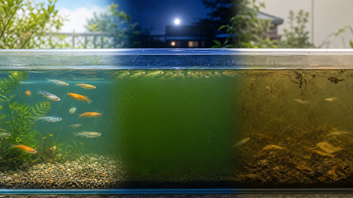 観賞しやすい透明水・夜間の濃い緑水・バランスを崩した茶緑水の比較