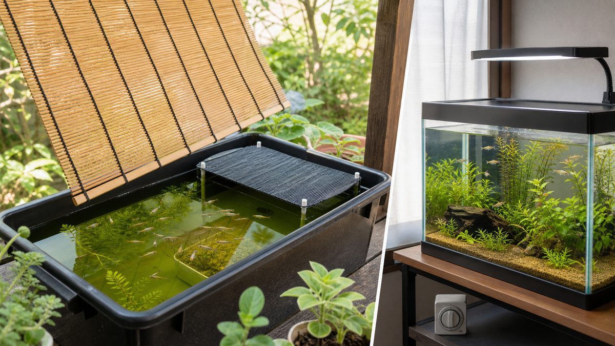 すだれで部分遮光する屋外メダカ容器と照明時間を管理する室内水槽