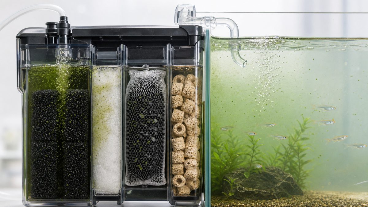 スポンジ・濾過ウール・活性炭・生物ろ材を通って緑水が澄む濾過断面