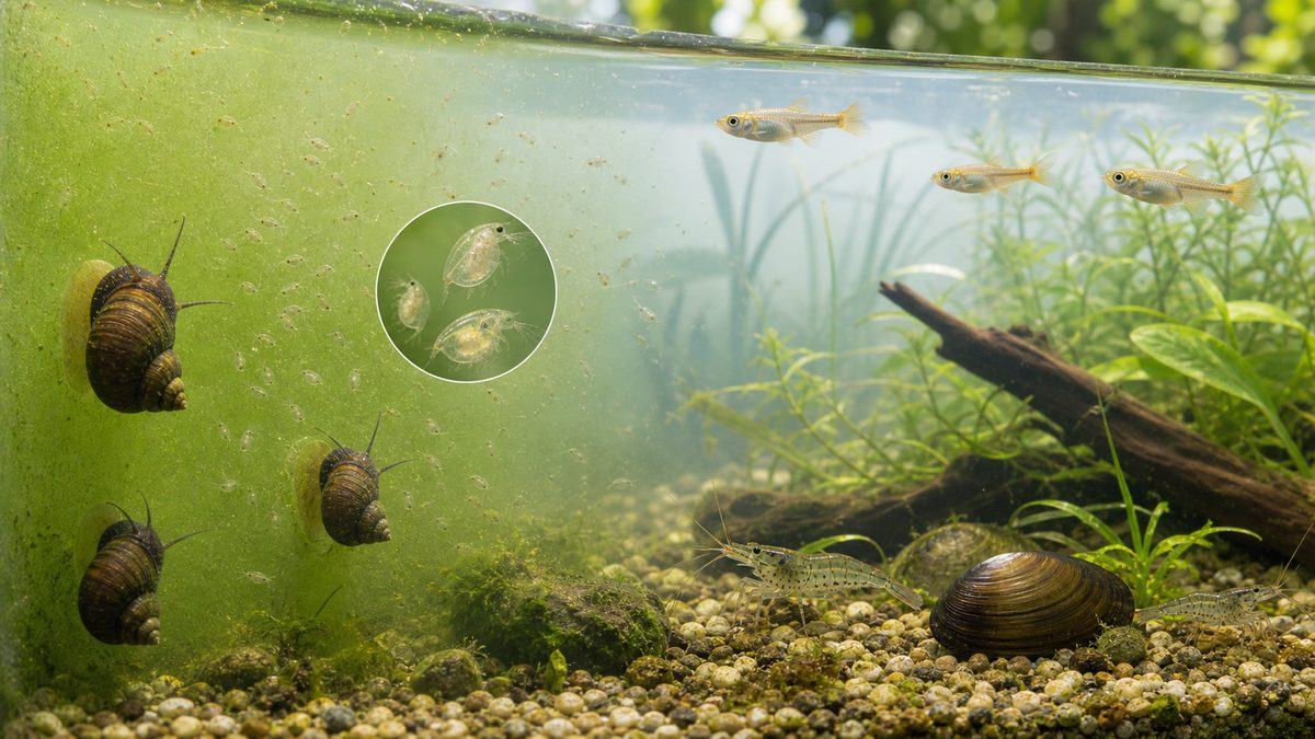 ヒメタニシ・ミジンコ・二枚貝・エビがいる淡い緑水のメダカ容器