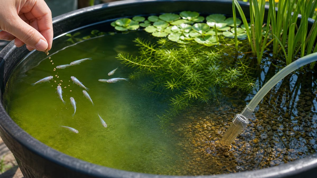 少量の餌を食べるメダカと底掃除、水草を組み合わせた栄養管理