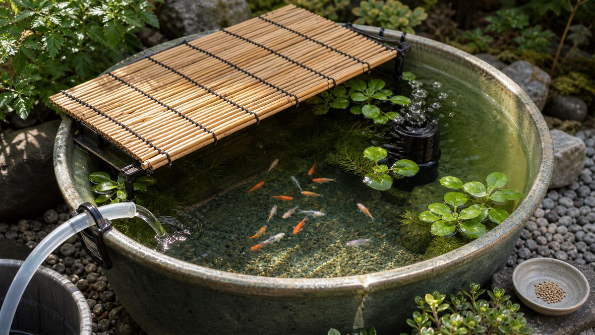 すだれ・サイフォン・投げ込みフィルター・水草を備えた透明なメダカ鉢