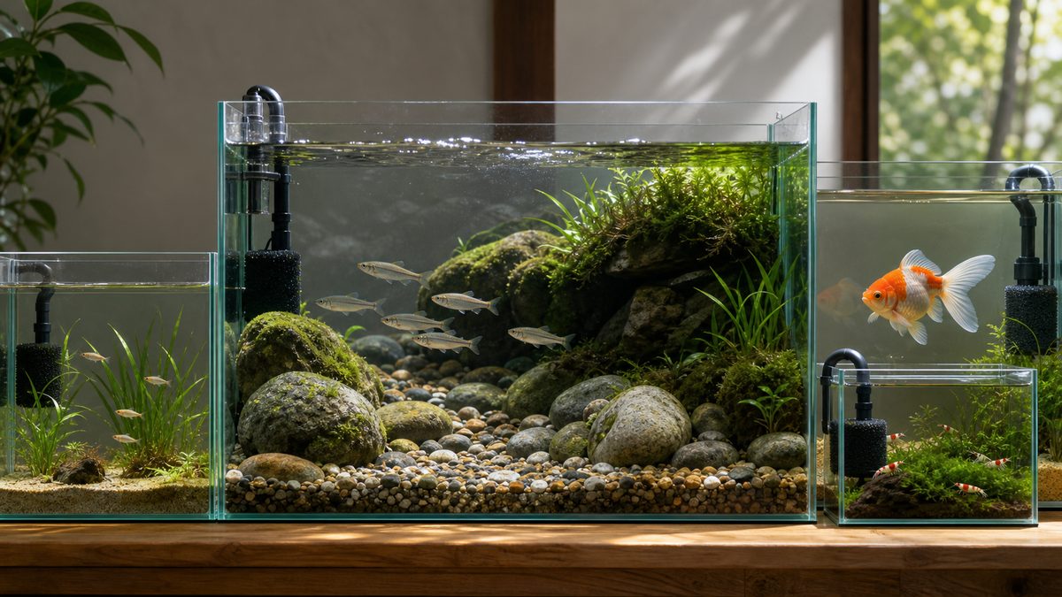 川魚の流れ域とメダカ・金魚・エビの穏やかな避難域を分けた水槽