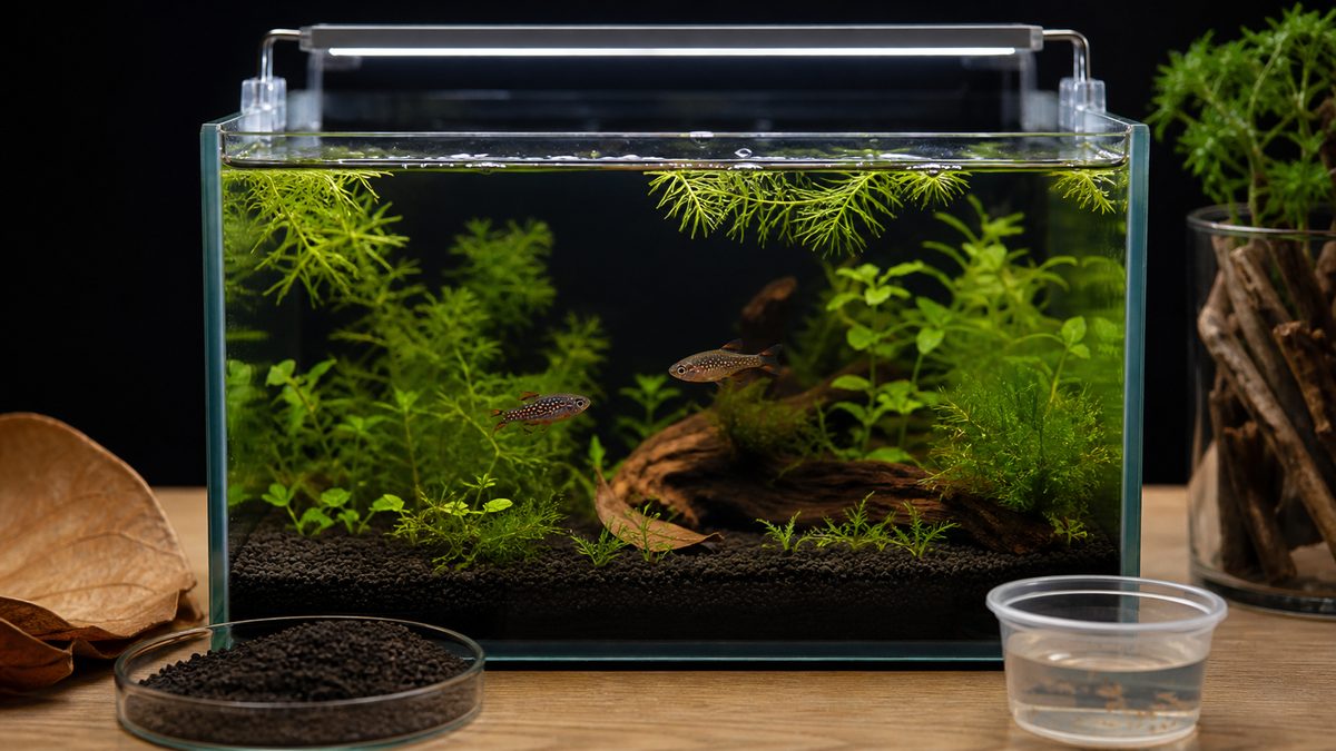 暗色底床と水草、植物素材、活餌、自然光色の照明で発色したハナビ