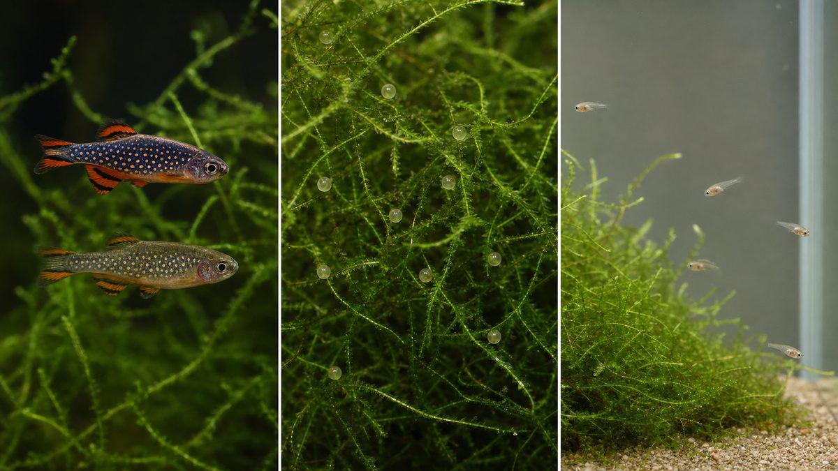 ハナビのオスとメスの違い、モスに付着した卵、別水槽で育つ稚魚