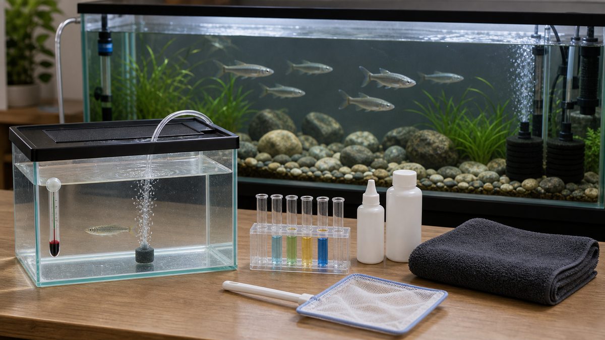 隔離水槽と水質確認用品でハスの病気予防を示す画像