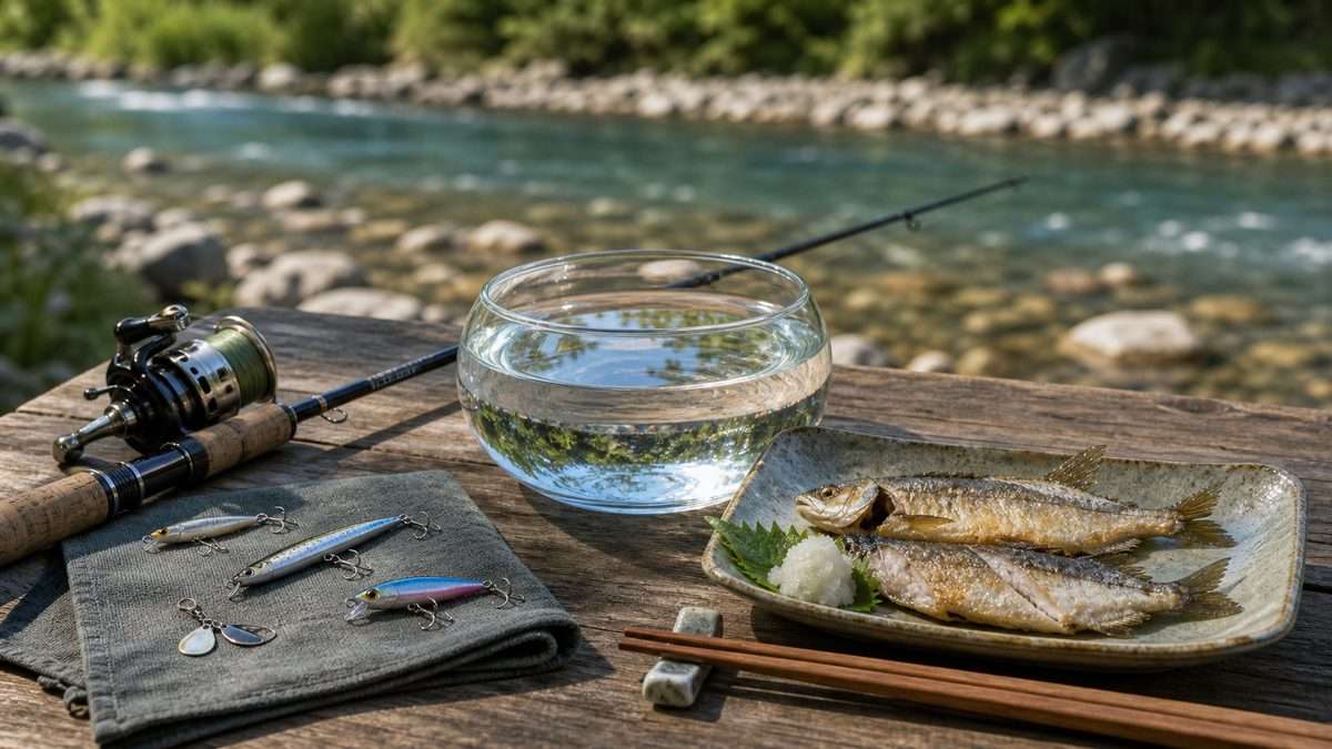 釣り道具と料理でハスと人の関わりを示す静物画像