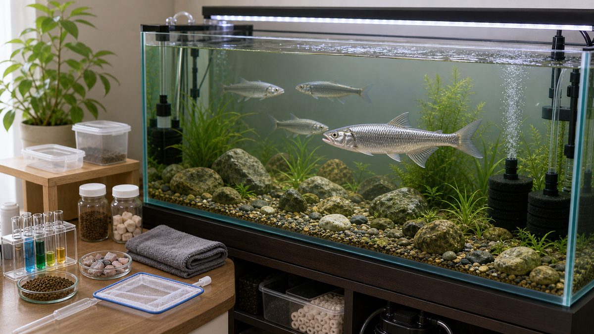 広い清流水槽で健康に泳ぐハスと管理用品を示すまとめ画像