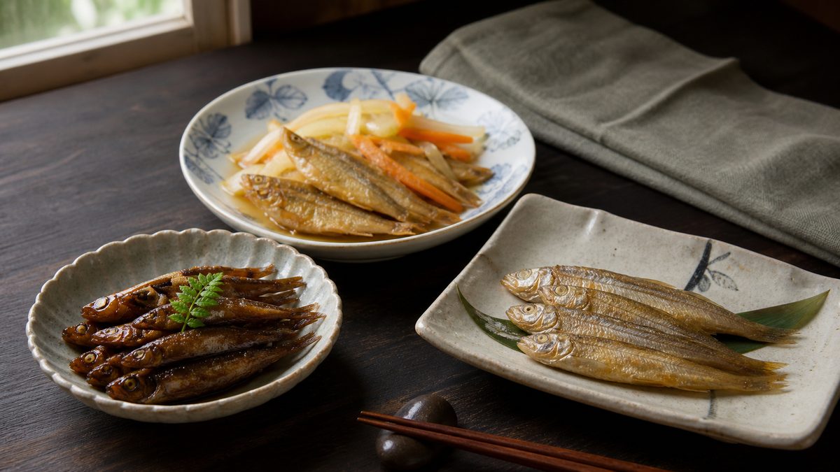 器に盛り付けたホンモロコの佃煮と南蛮漬け、素焼きの郷土料理