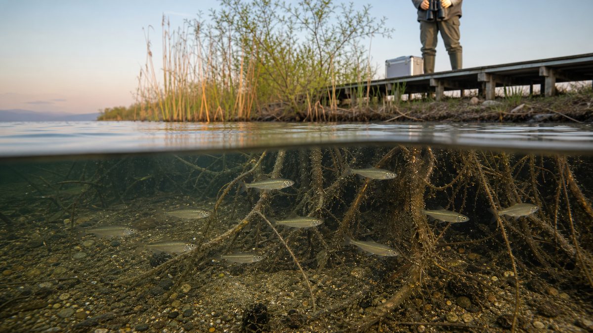 琵琶湖のヨシ根の下で泳ぐ野生ホンモロコを遊歩道から観察する調査者