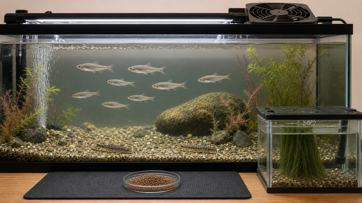 蓋付き水槽のホンモロコとドジョウ、冷却ファン、餌、産卵床をまとめた飼育環境