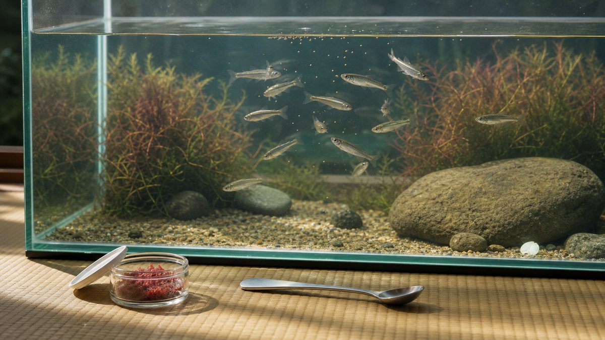 水面から沈む少量の細かな人工餌を食べるホンモロコと補助食の冷凍赤虫