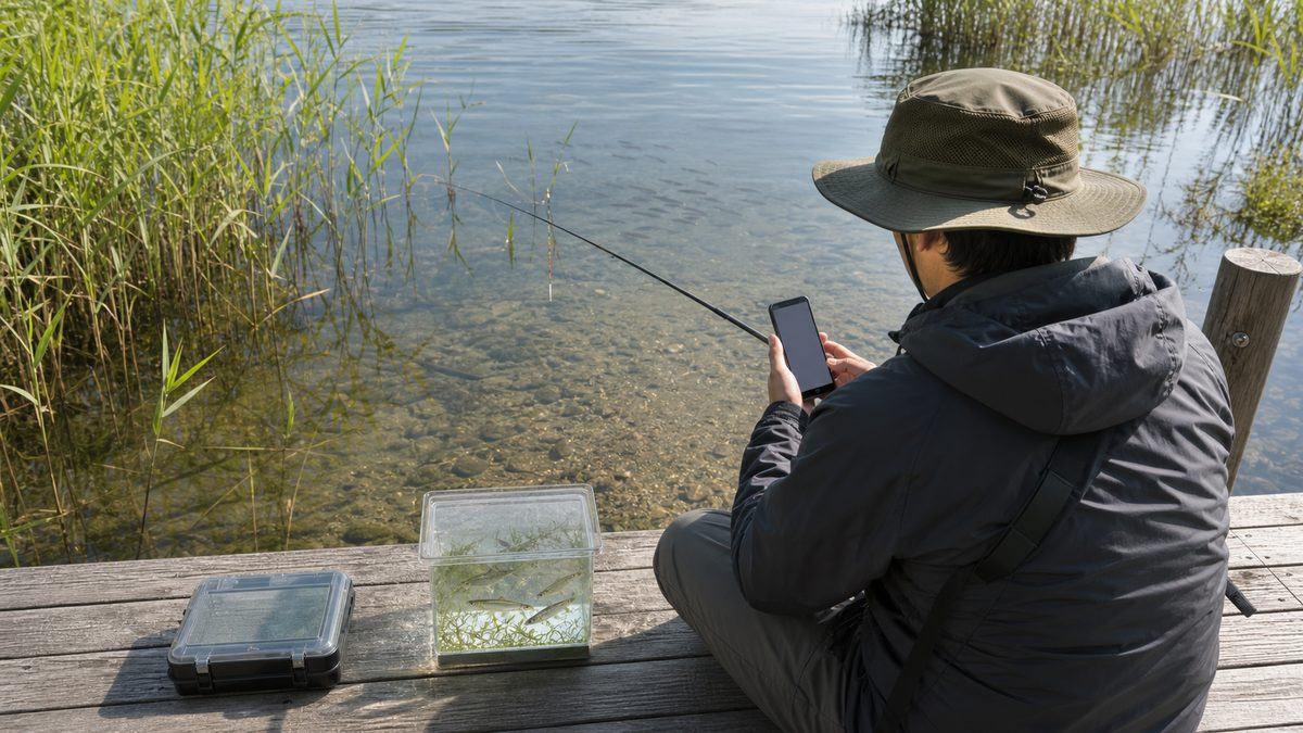 琵琶湖岸でスマートフォンを確認し魚を水中容器で保護する釣り人