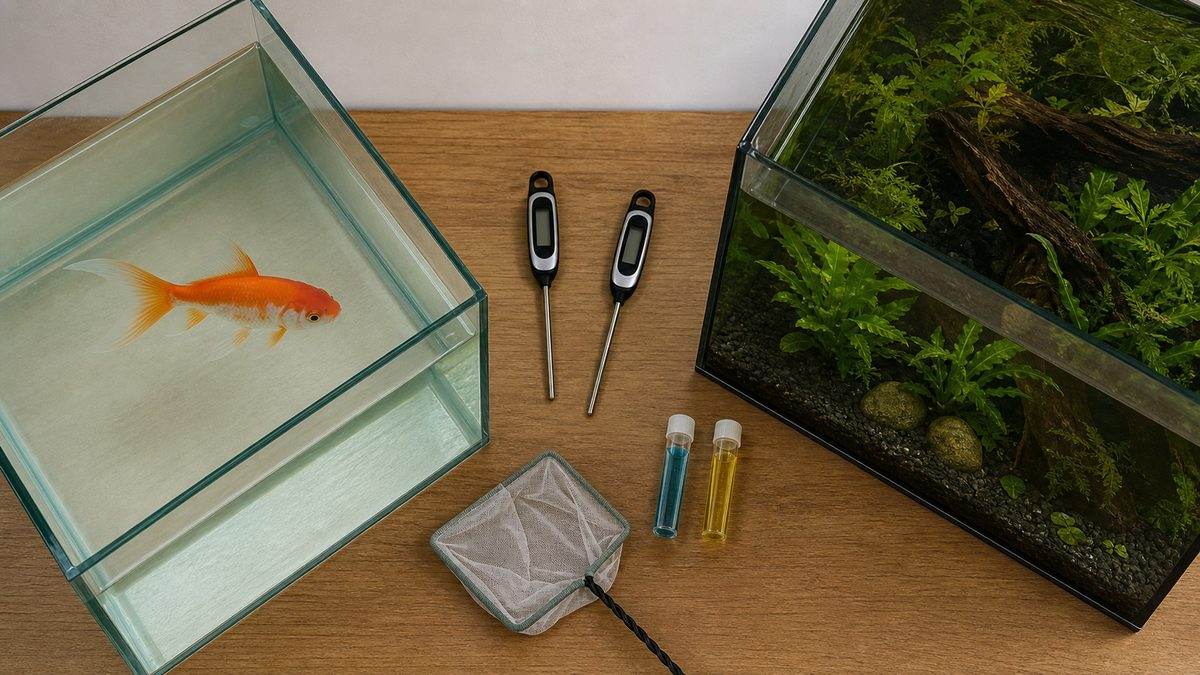 金魚の回復水槽と本水槽を分けて温度計・水質試料を確認する俯瞰図