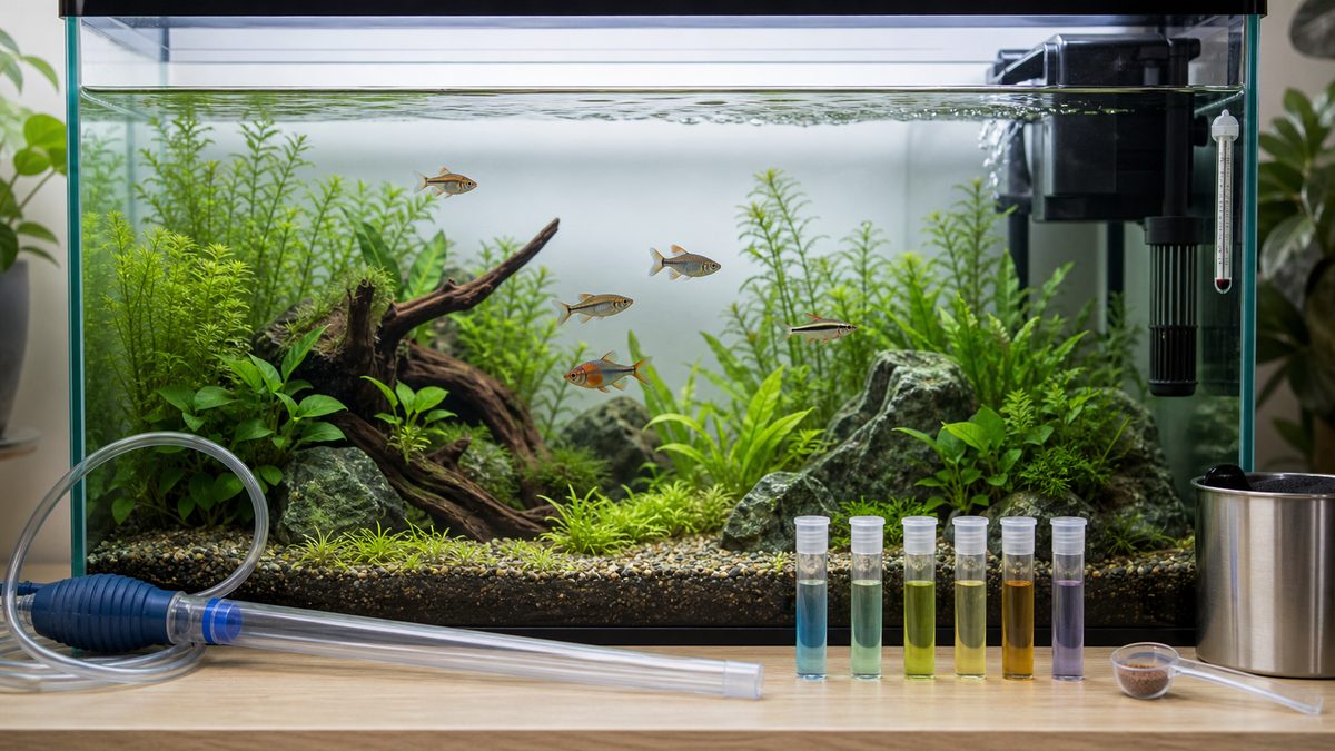 水質検査・ろ過・水温・給餌量を点検する植栽された淡水魚の本水槽