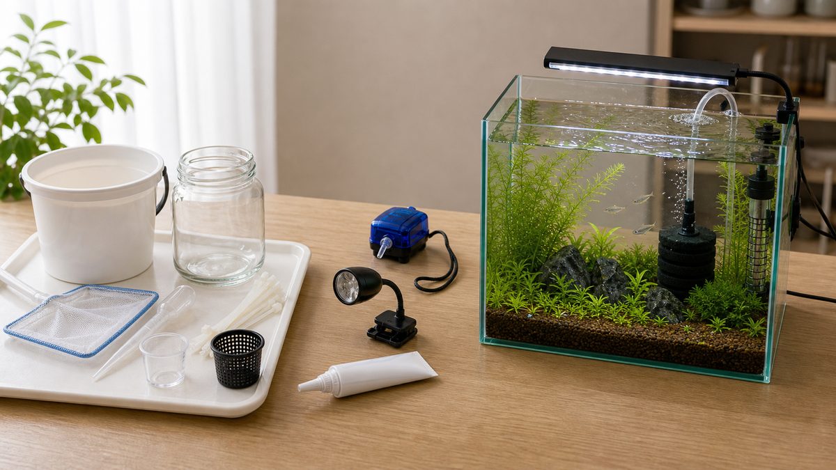 100均で使えるシンプル用品と専用機材の線引きを示す水槽画像
