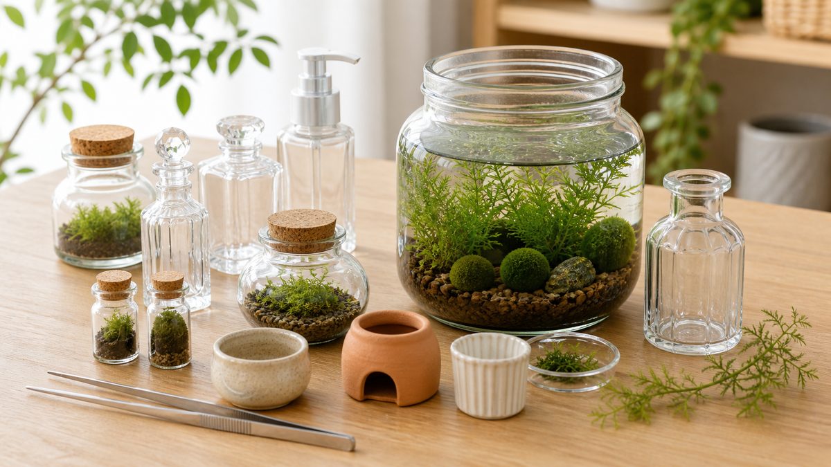 小型ガラス容器や苔ボトルなどデザイン性の高い100均アクアリウム用品画像