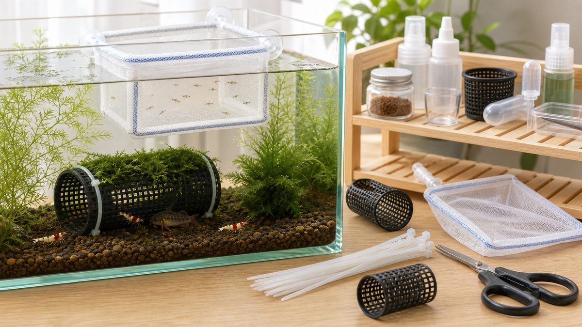 鉢底ネットと結束バンドで作る水槽用シェルターと稚魚隔離ネットのDIY画像