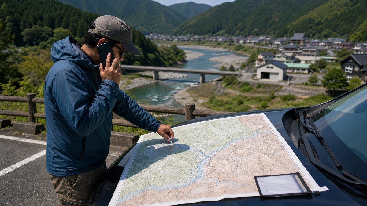 橋を目印に河川区間と管轄漁協を地図で特定する釣り人