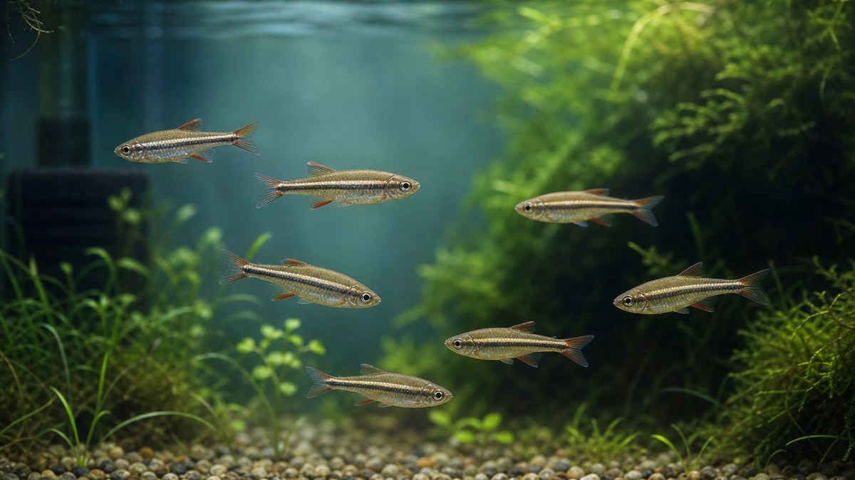 細身のアカヒレ7匹が水草と丸砂利のある長い成熟水槽の中層を泳ぐ様子