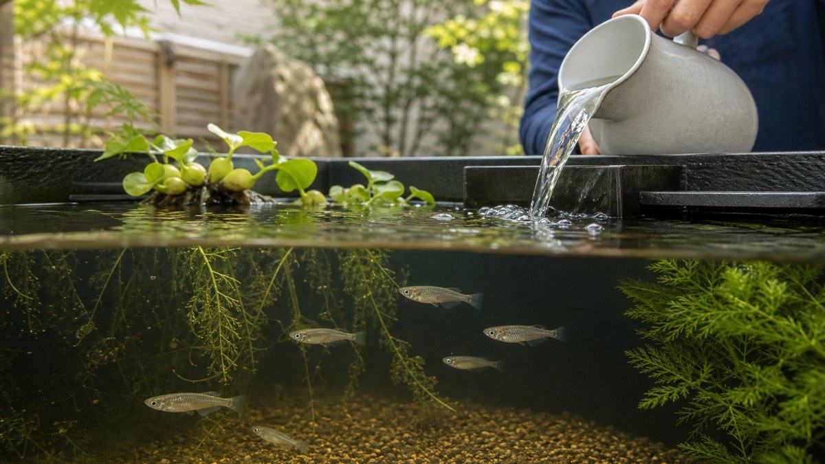 日陰と浮草のある広い屋外容器で野生型メダカを飼い準備水を静かに加える様子