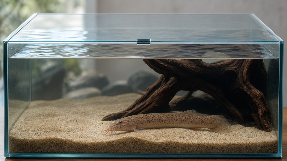 細かな砂と流木の隠れ家がある水槽でドジョウが休み全面の透明なフタを閉じた状態