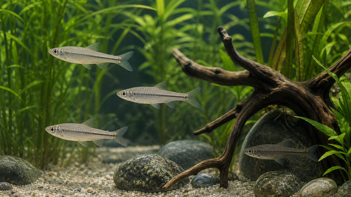 暗い側線と上向きの口を持つモツゴ4匹を植栽と枝で別の視界に分けた水槽
