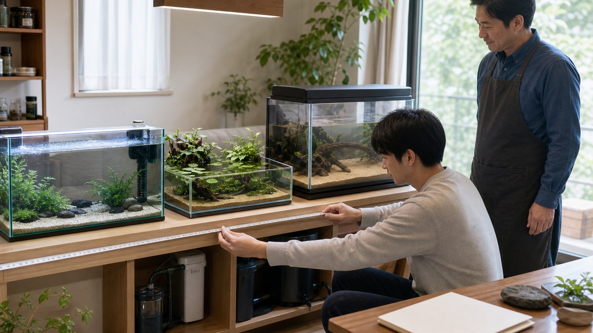 初心者と専門家が流れのある長水槽・浅い植栽水槽・フタ付き砂底水槽の設置条件を確認