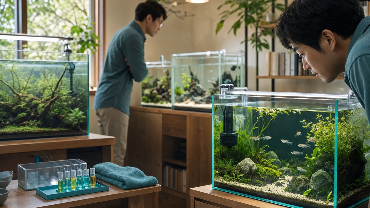 魚を入れる前の成熟水槽から環境比較とメダカ水槽の日常観察までを同じ部屋で時間順に表現