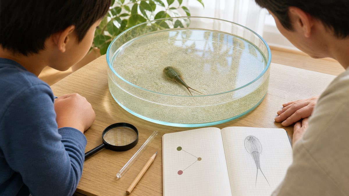 子どもと大人が容器の外からカブトエビを観察する様子