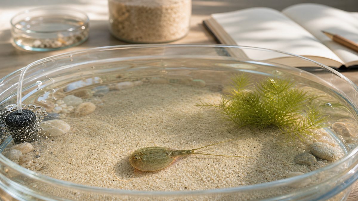 細砂と弱いエアを整えた浅型容器で過ごすカブトエビ