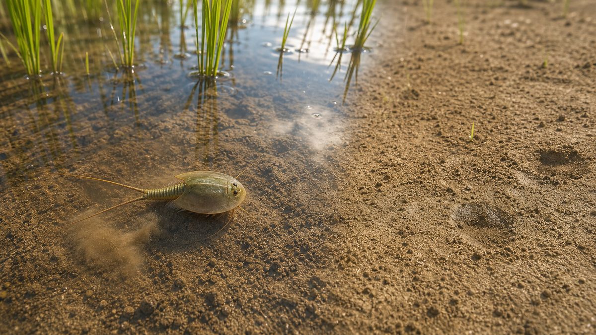 水のある田面と乾いた土を背景にしたカブトエビ