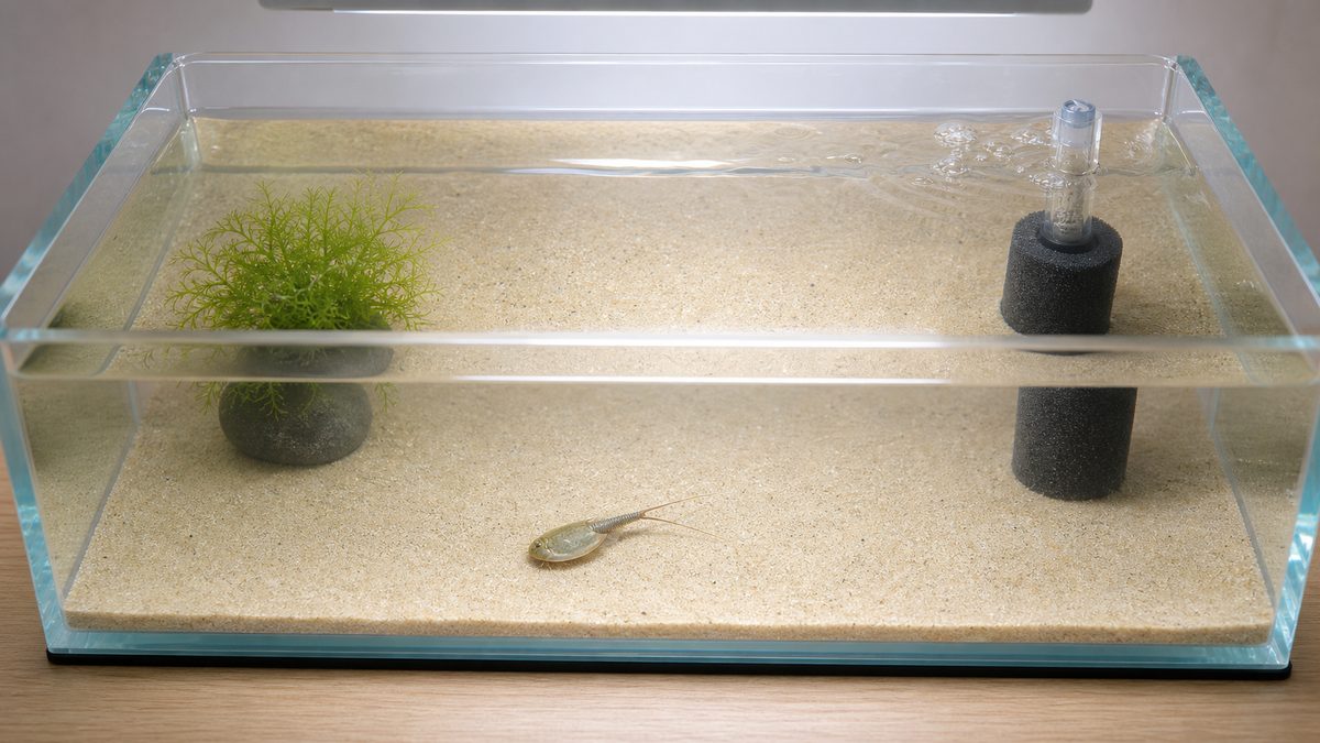 細かい底砂と弱いエアレーションを整えた浅型飼育容器