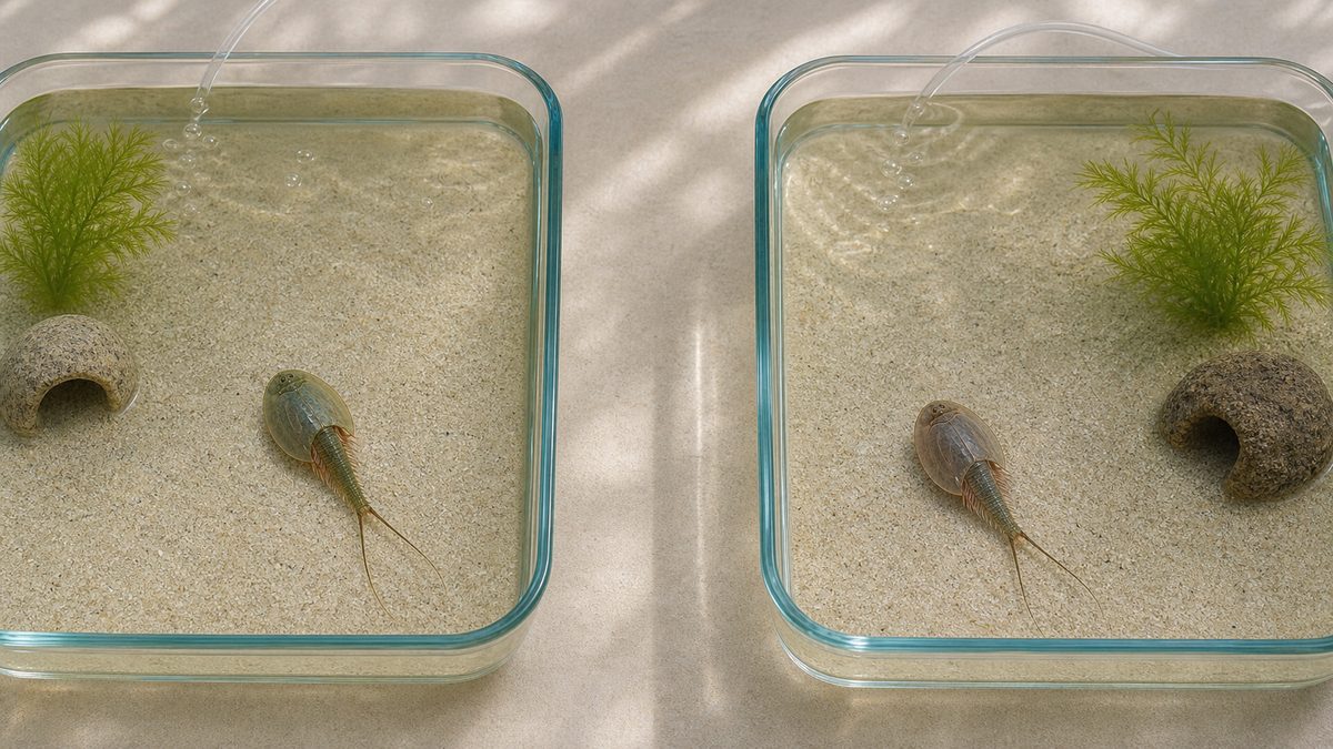 広い浅型容器を分けて1匹ずつ飼育するカブトエビ