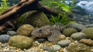 川底風の水槽で石の上に休むカジカの飼育ガイド画像