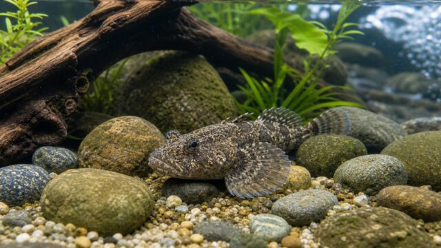 川底風の水槽で石の上に休むカジカの飼育ガイド画像