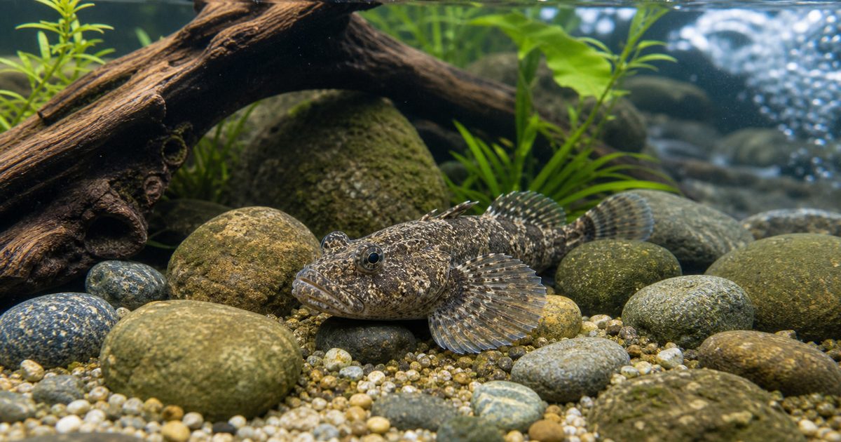 川底風の水槽で石の上に休むカジカの飼育ガイド画像