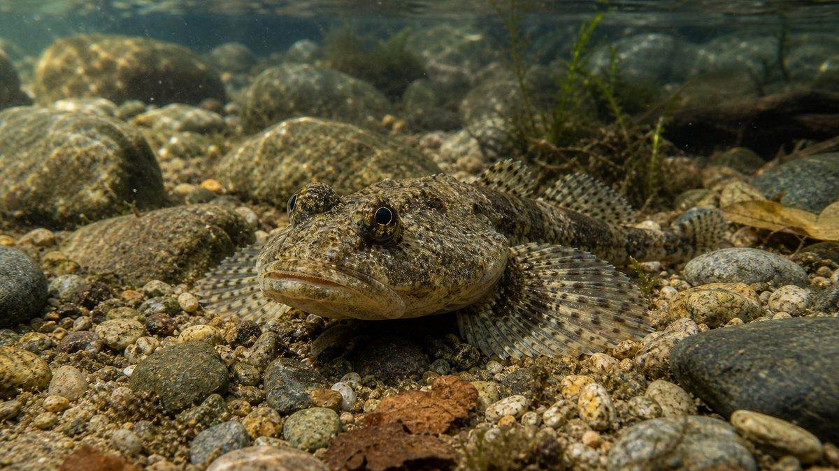 清流の川底で石にまぎれて休むカジカの生態画像