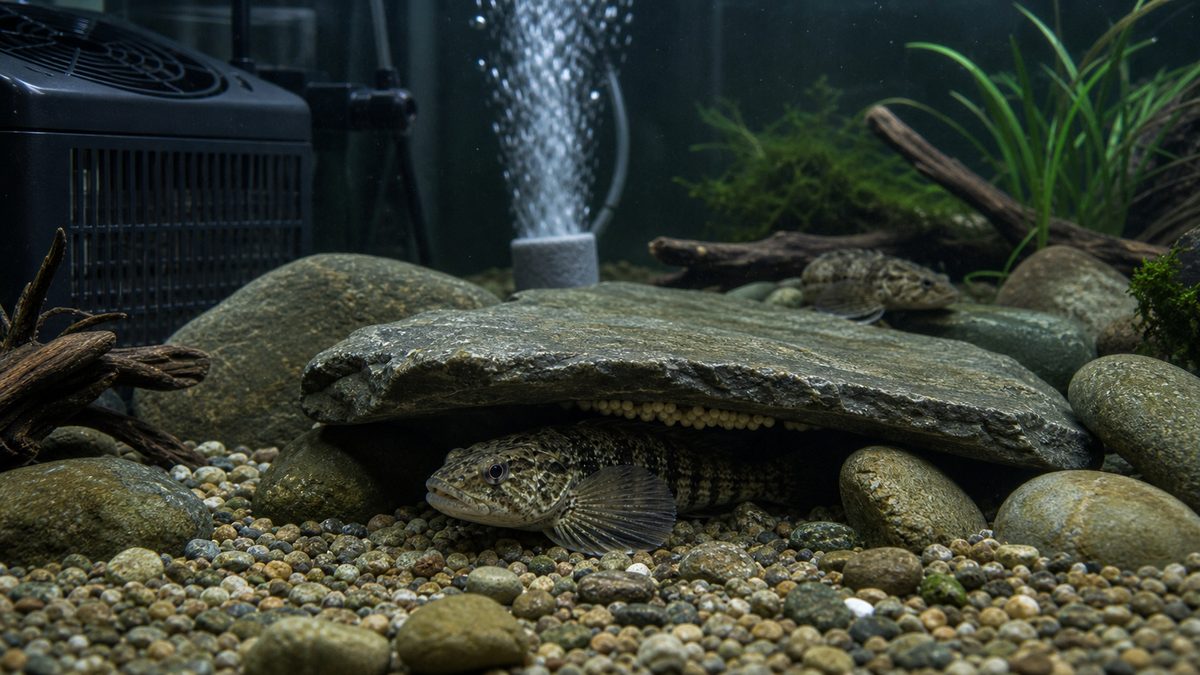 低水温管理と石の下の産卵環境を示すカジカ飼育画像