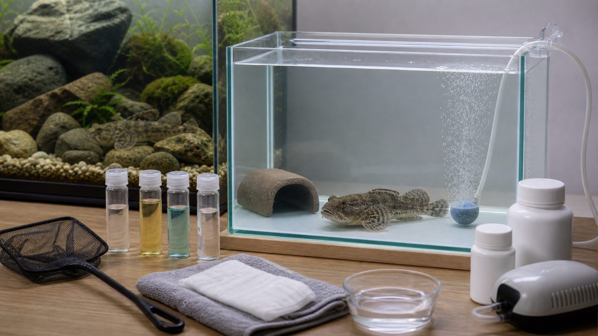 隔離水槽と水質検査用品でカジカの病気に備える画像