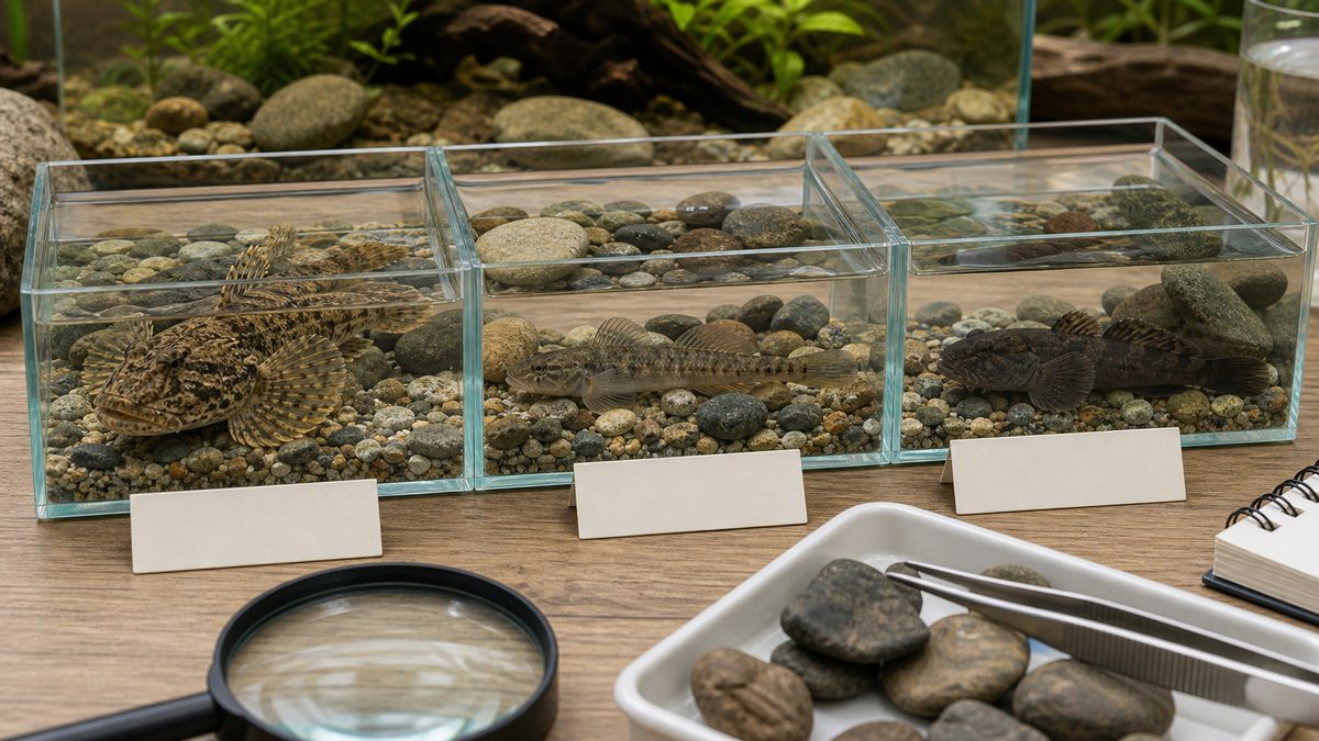 カジカと似た川底の魚を水中で見比べる比較画像