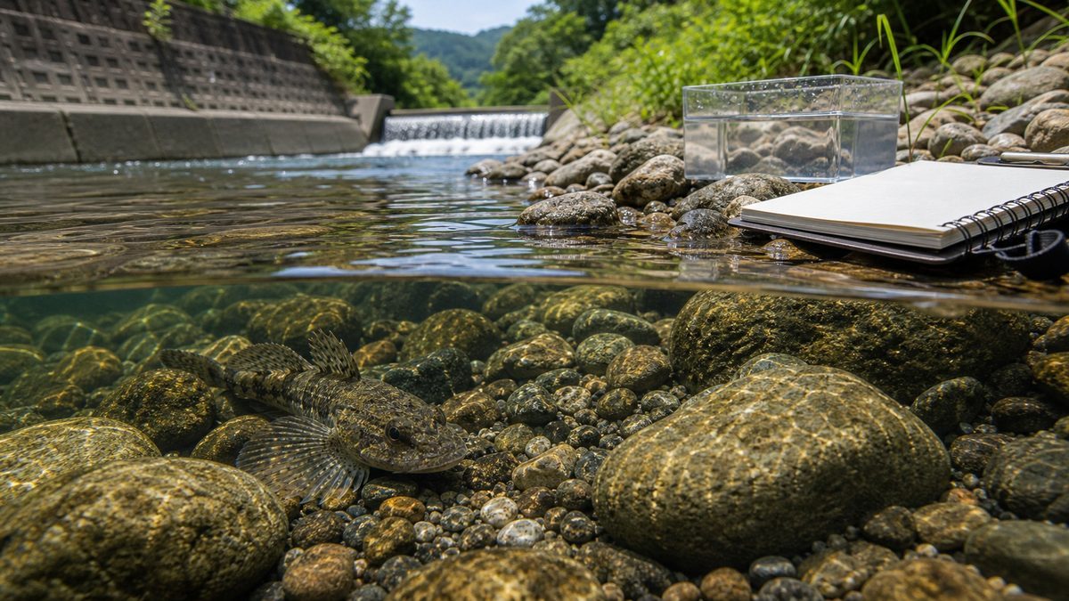 川底にいるカジカと堰のある河川環境を示す保全画像