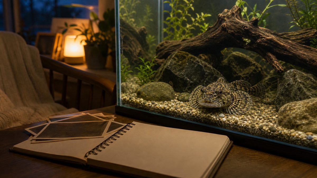 水槽前のノートとカジカが泳ぐ思い出を表す画像