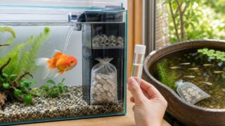 金魚水槽とメダカビオトープでカキガラを少量使い水質を測定する画像