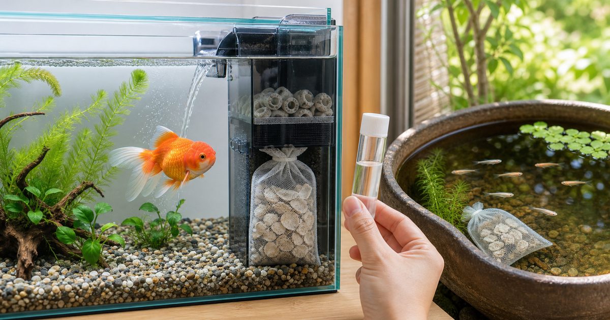 金魚水槽とメダカビオトープでカキガラを少量使い水質を測定する画像
