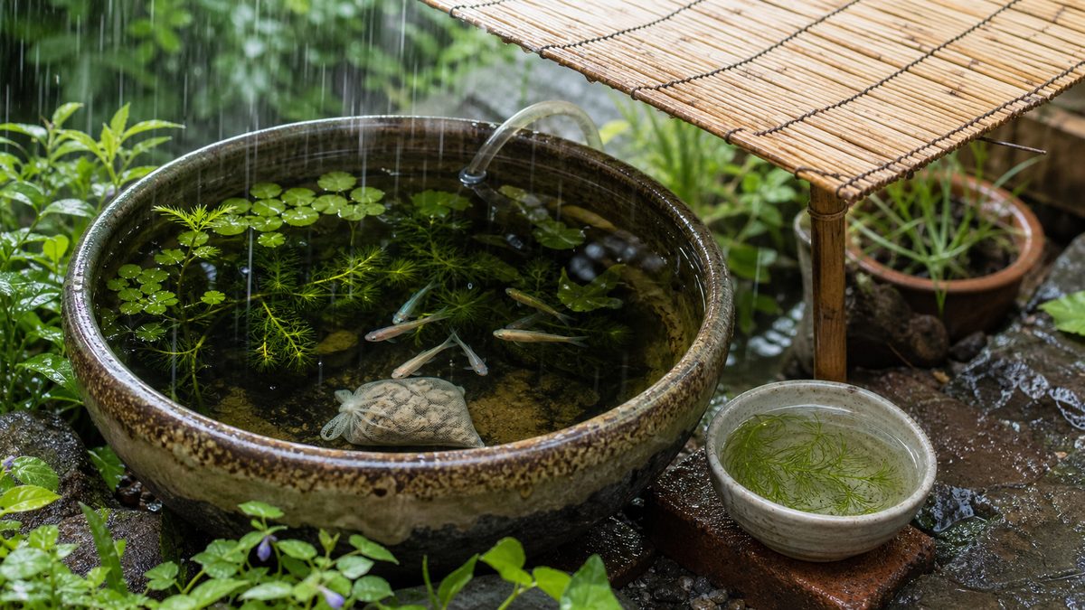 雨よけをしたメダカビオトープに少量のカキガラをネットで入れる画像