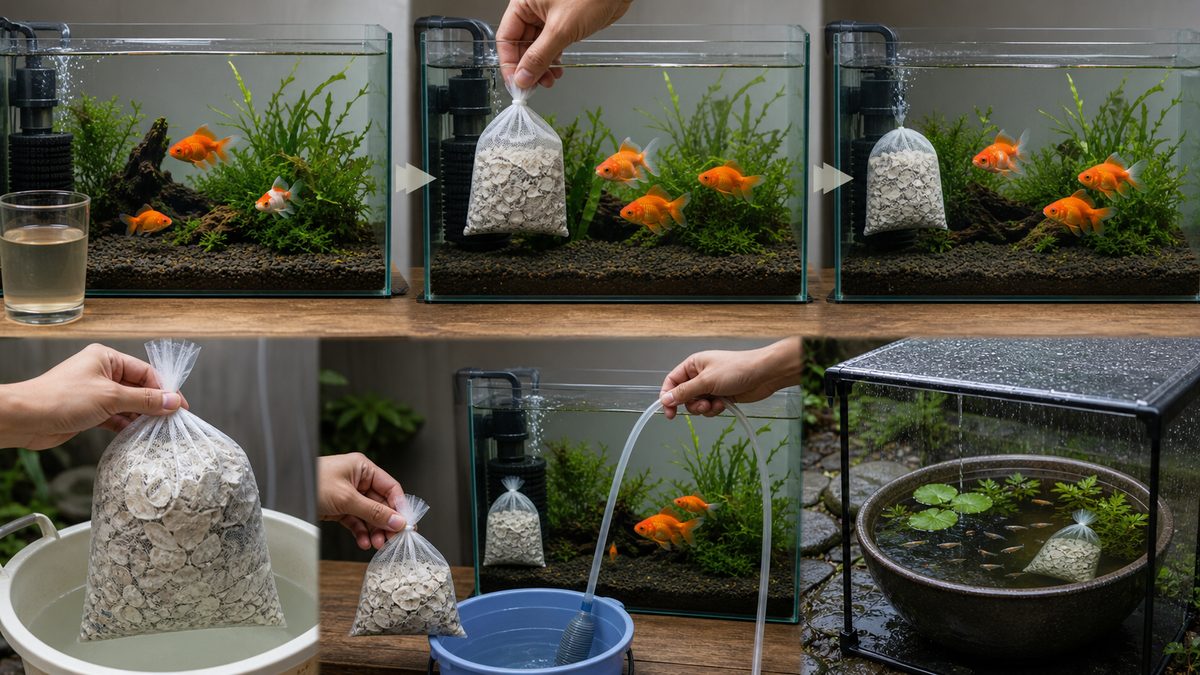 カキガラの少量使用と入れすぎからの回復と屋外鉢での活用を示す画像