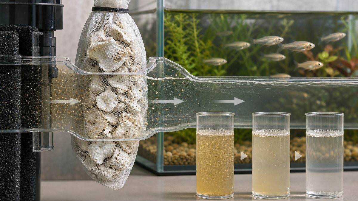 酸性に傾いた水がカキガラを通って穏やかに安定する仕組みを示す画像