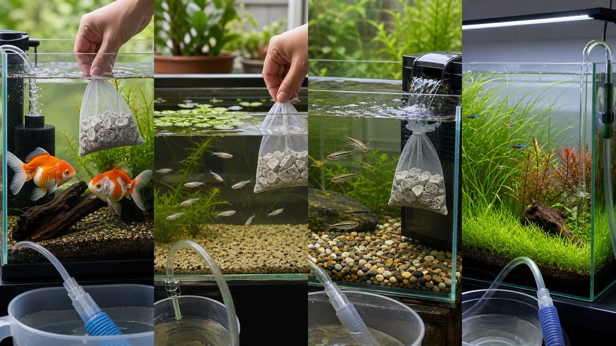 金魚水槽とメダカ鉢と雨の影響を受ける水槽でカキガラを使う画像